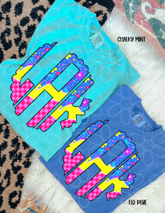 Flower Checkered Custom Monogram Kids Completed Tee