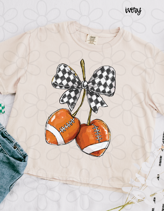Football Cherry Checkered Bow Kids Completed Tee