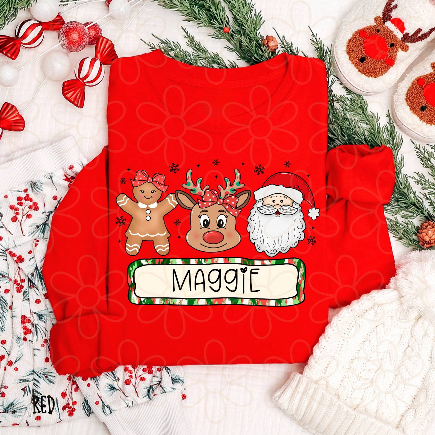 Gingerbread Reindeer Santa Girls Custom Name DTF Transfer