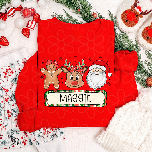 Gingerbread Reindeer Santa Girls Custom Name Completed Tee