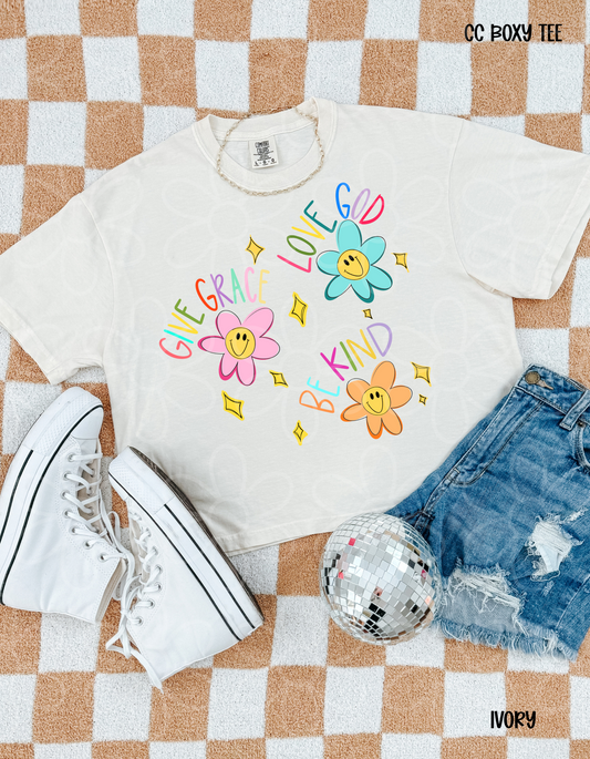 Give Grace Love God Be Kind Flowers Kids Completed Tee