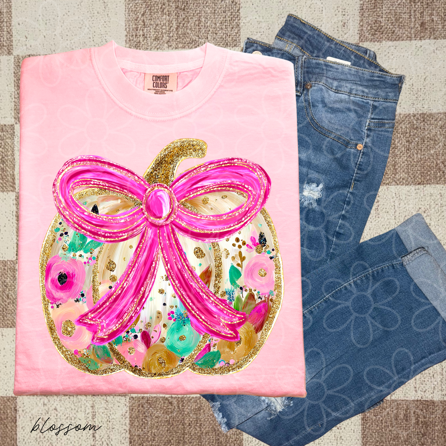Glitter Floral Pumpkin Pink Bow Kids Completed Tee