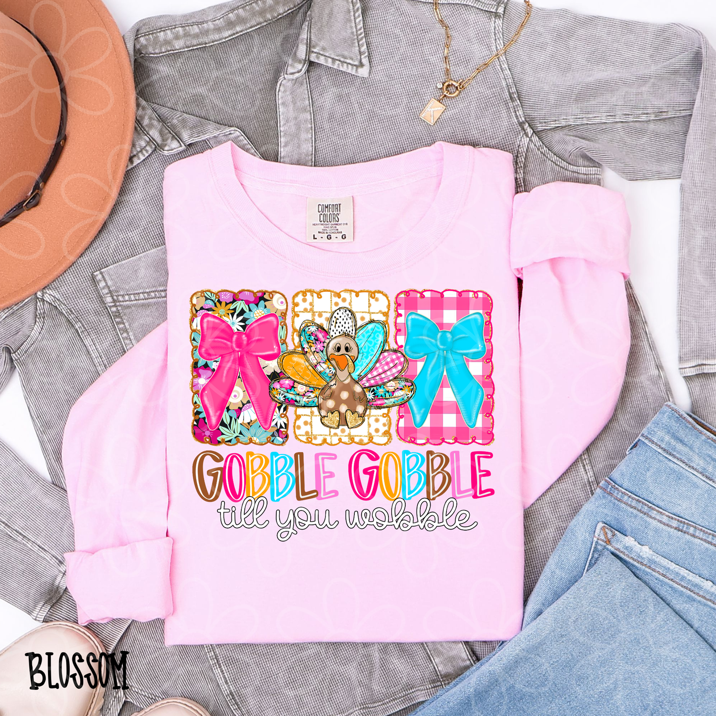 Gobble Gobble Till You Wobble Bows Kids Completed Tee