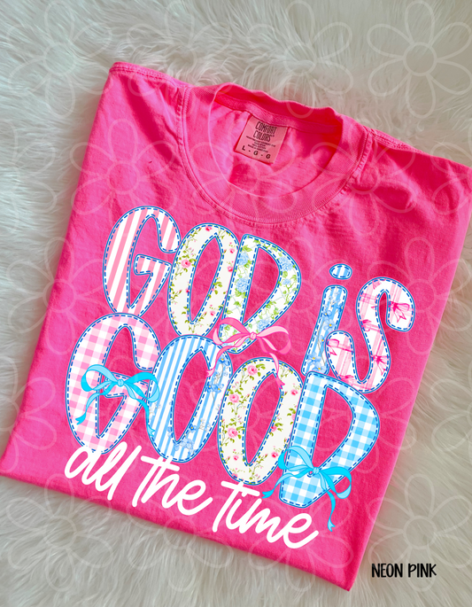 God Is Good All The Time Floral Plaid Kids Completed Tee