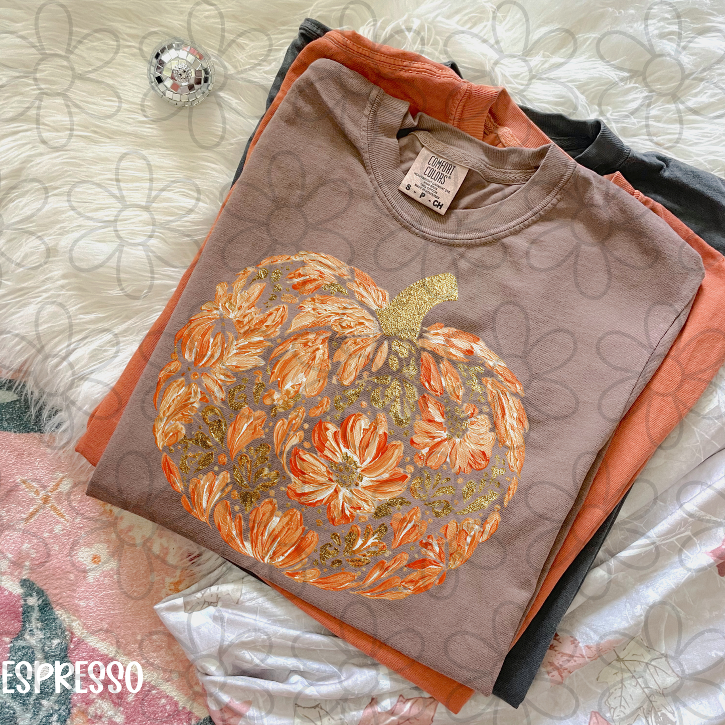 Gold Glitter Floral Pumpkin DTF Transfer