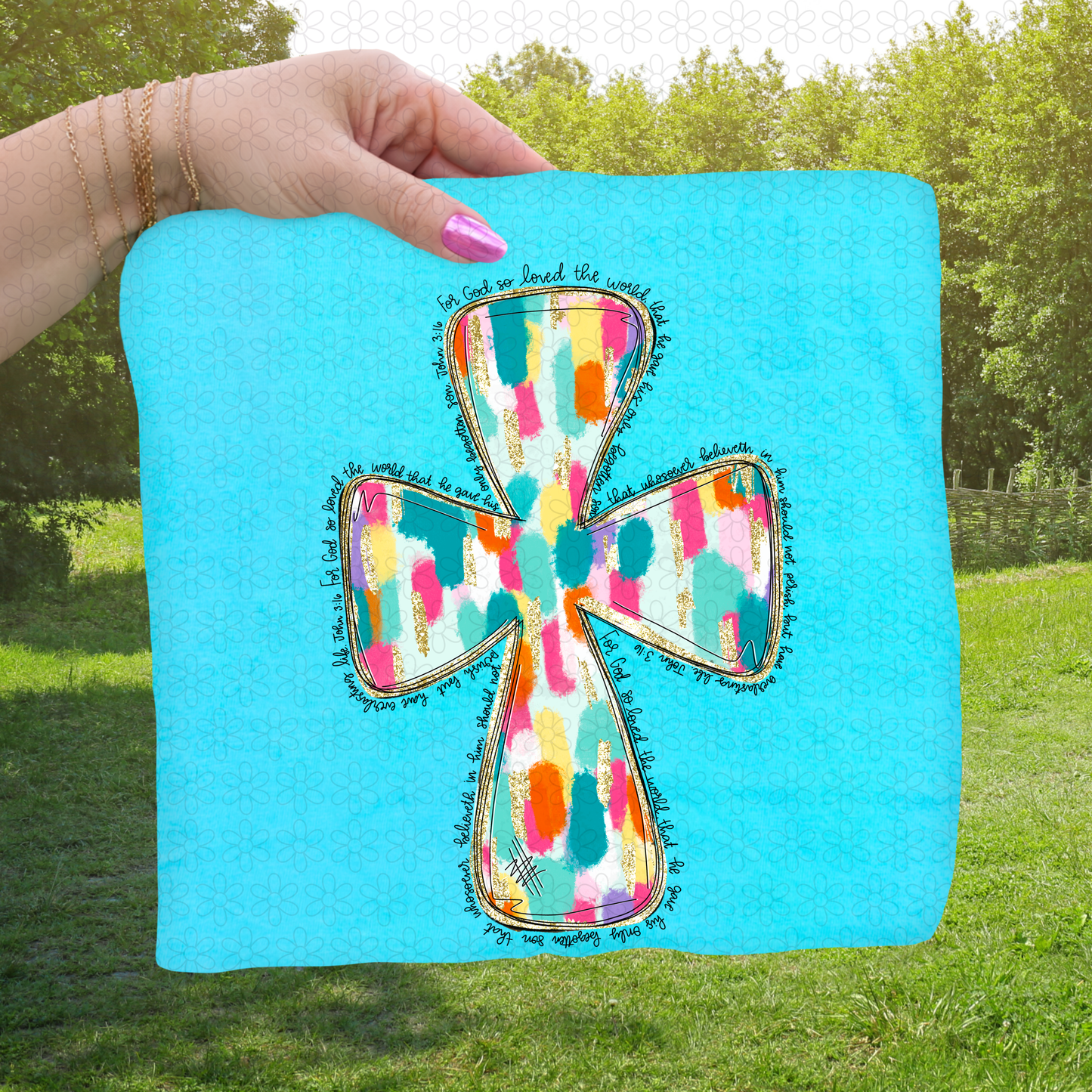 Gold Glitter Brushed Cross John 3:16 DTF Transfer