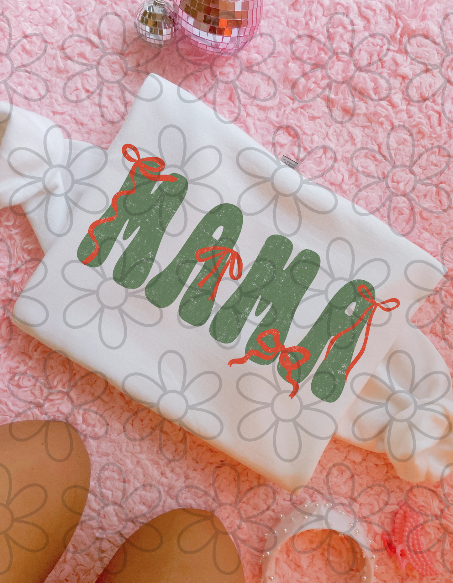 Green Mama Red Bows Completed Tee