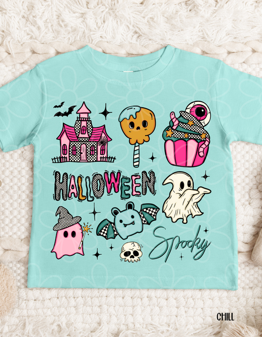 Halloween Spooky Checkered Doodles Kids Completed Tee