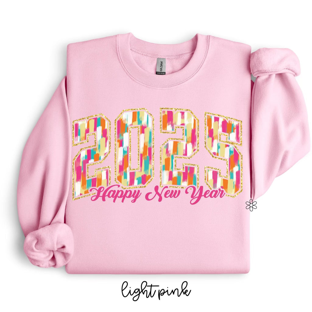Pink 2025 Happy New Year Brushstroke Kids Completed Tee