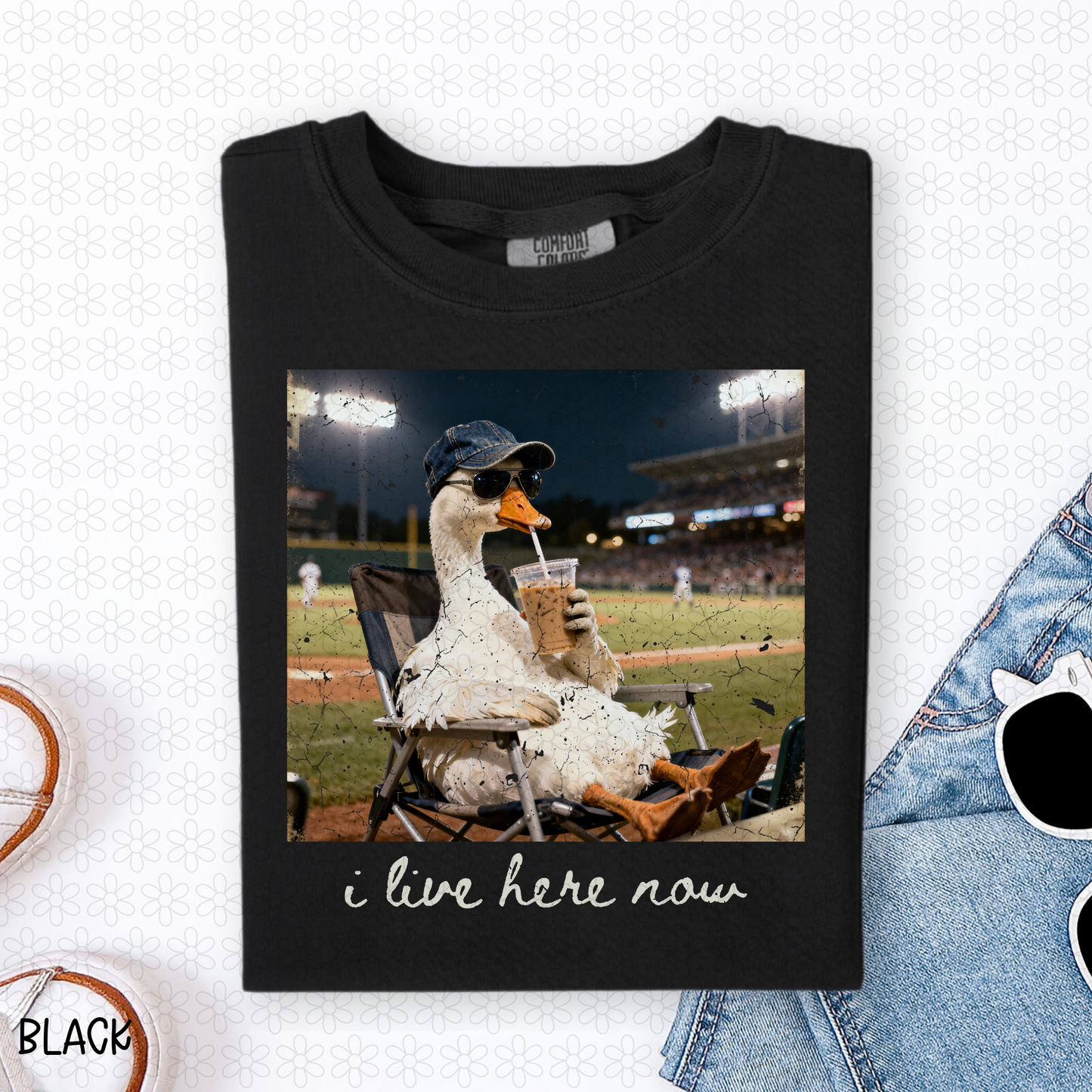 I live here now Goose - White font DTF Transfer