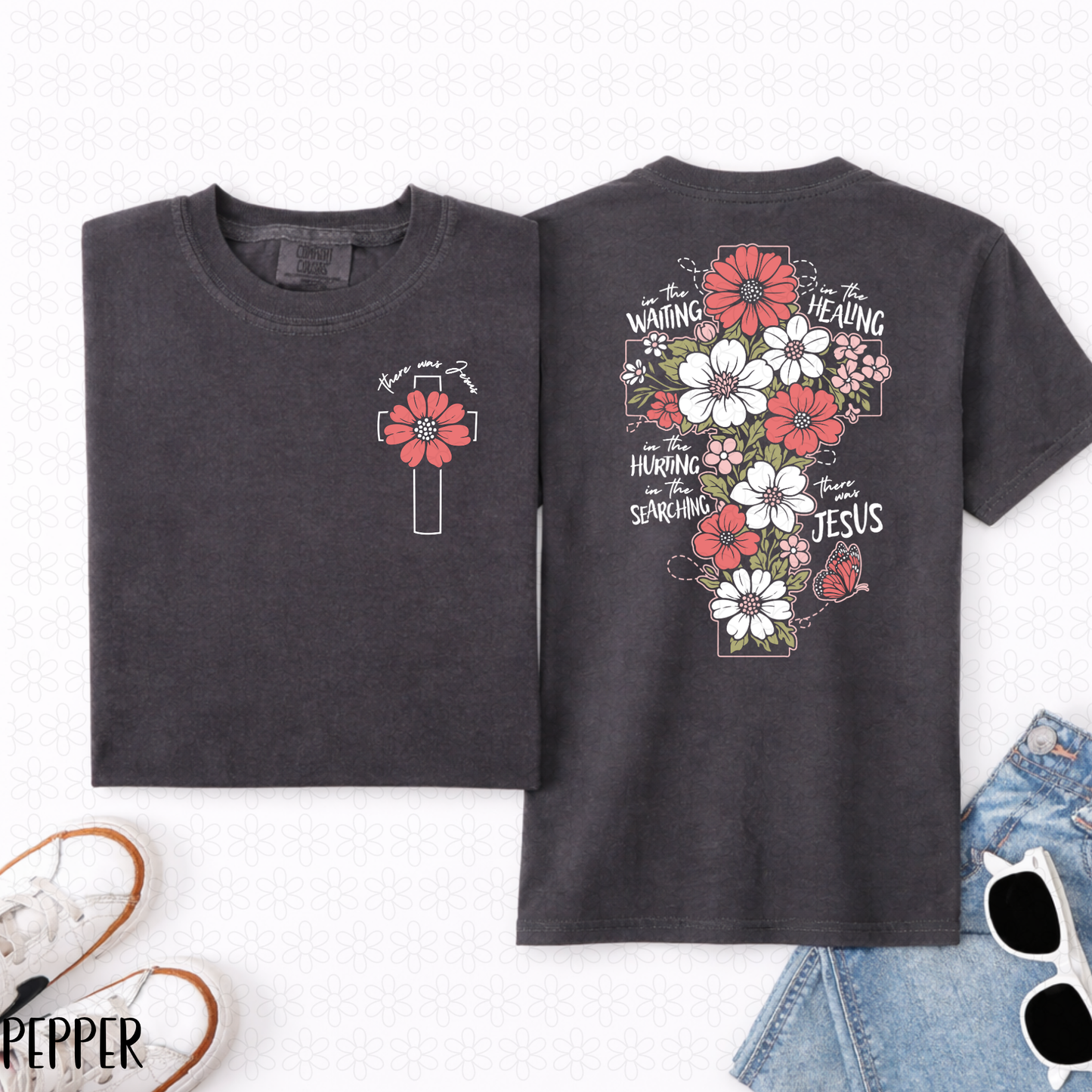 In the Waiting In the Healing- Pink Flowers White Writing DTF Transfer