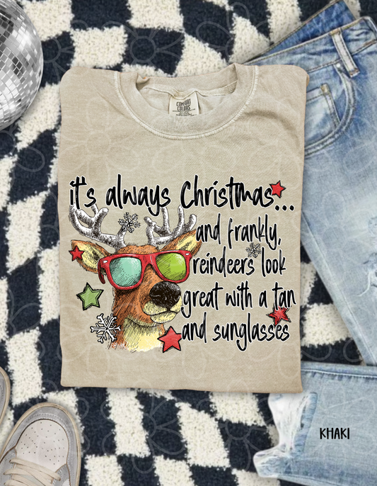 It's Always Christmas Reindeer Tan And Sunglasses Kids Completed Tee