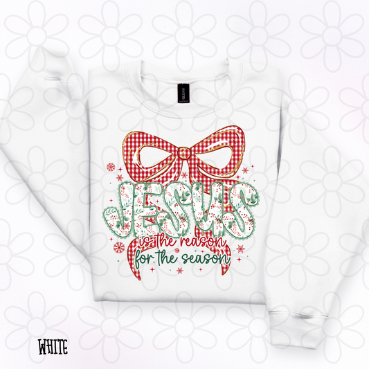Jesus Is The Reason For The Season Red Gold Plaid Bow DTF Transfer