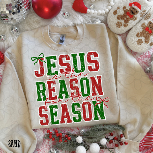 Jesus Is The Reason For The Season Red Green Bows Kids Completed Tee