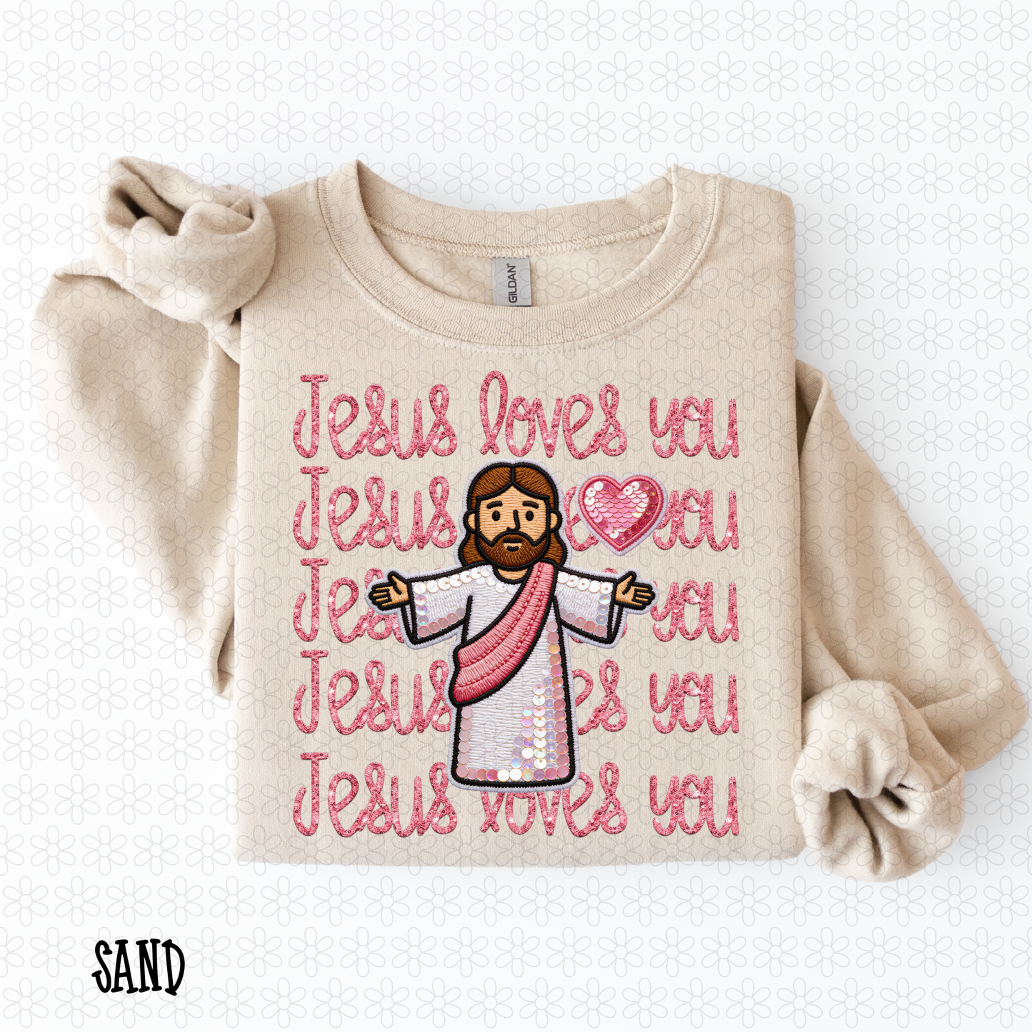 Jesus Loves You Pink Sequins DTF Transfer
