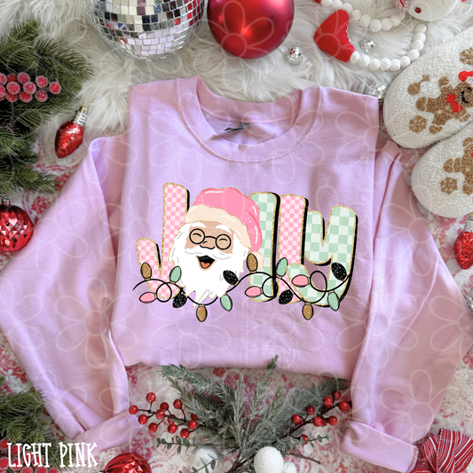 Jolly Pink & Green Light Santa Kids Completed Tee