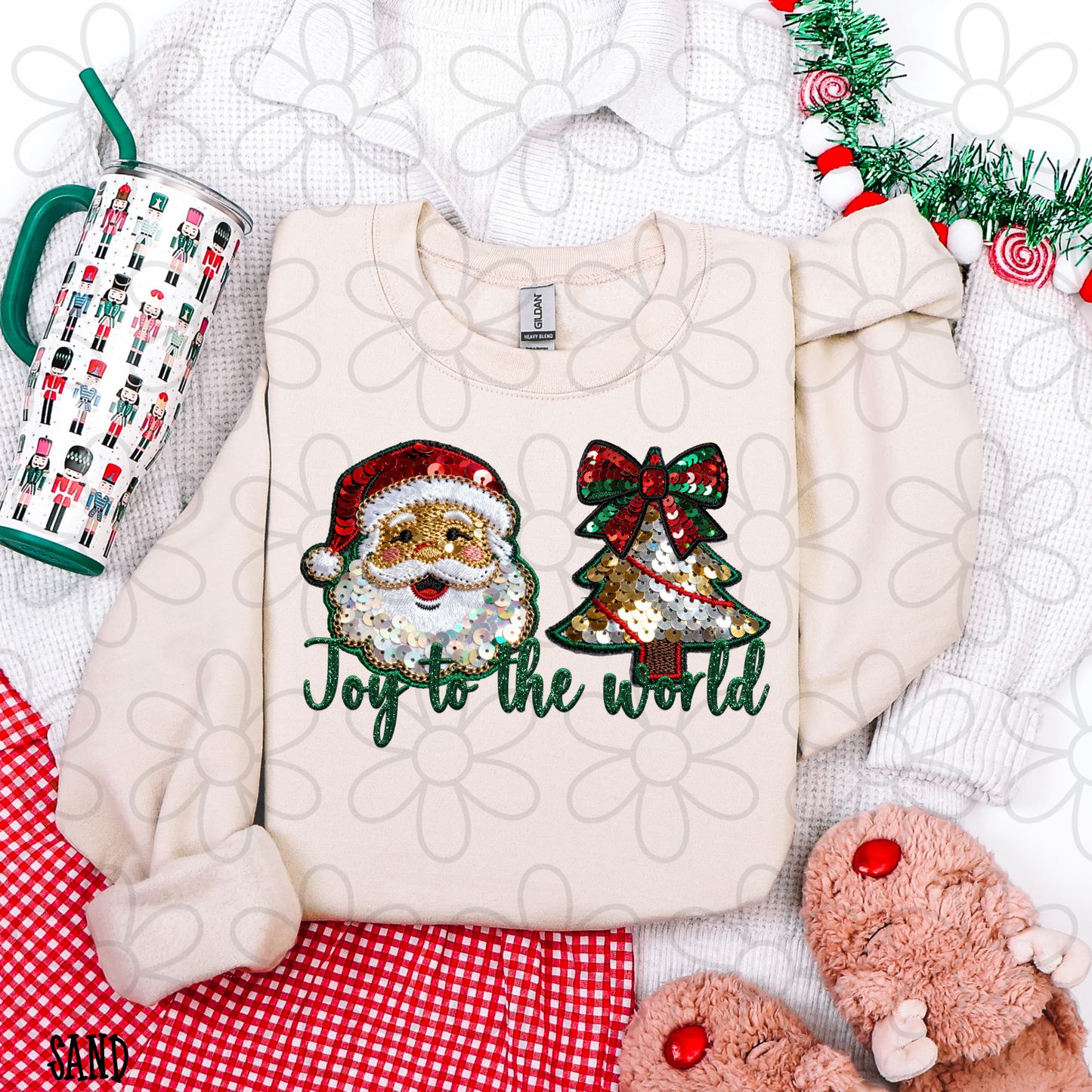 Joy To The World Sequin Santa Christmas Tree Kids Completed Tee