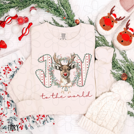 Joy To The World Stripes Reindeer Completed Tee