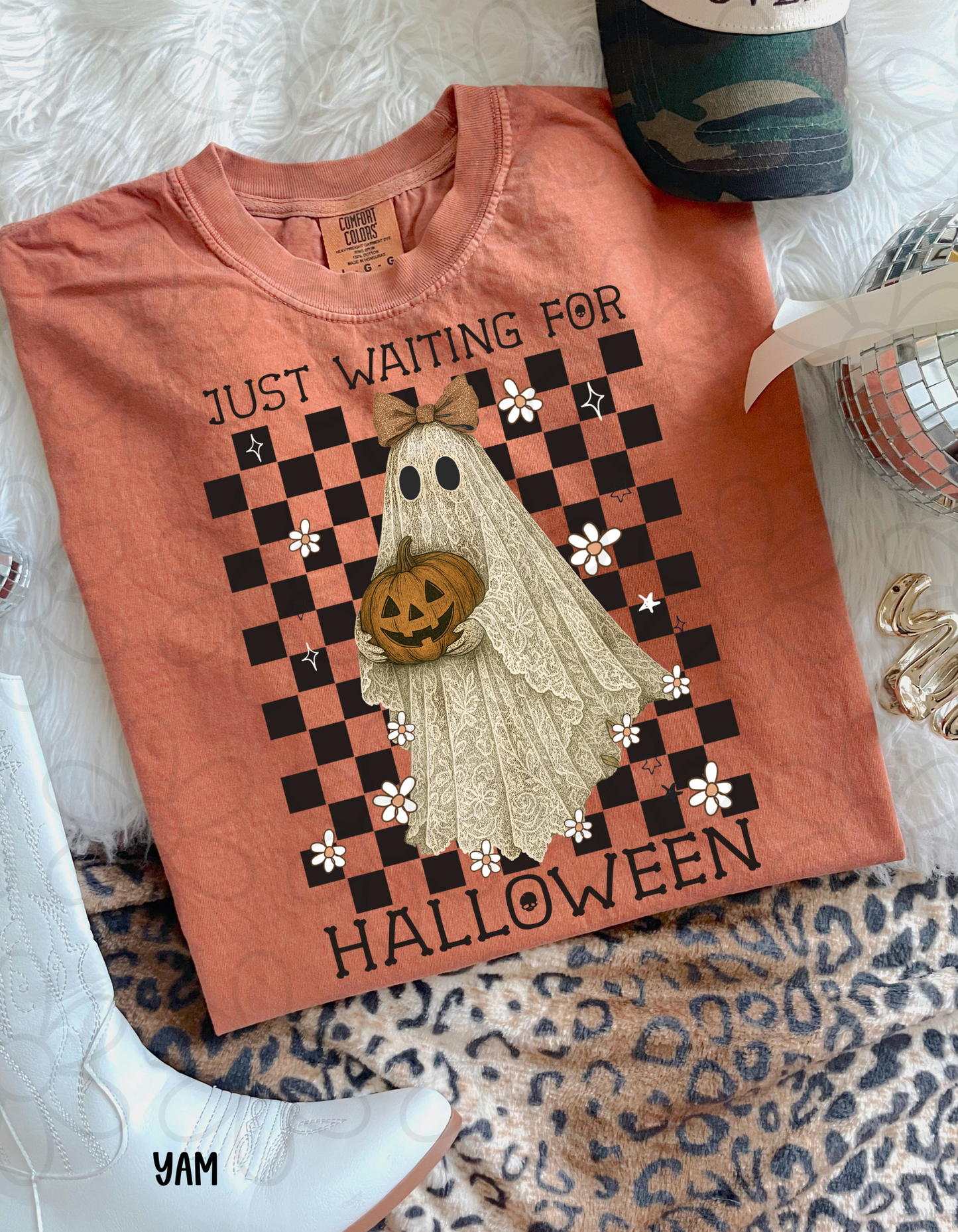 Just Waiting For Halloween Checkered Ghost DTF Transfer