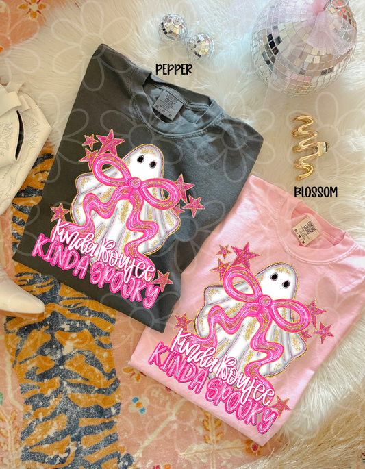 Kinda Boujee Kinda Spooky Coquette Ghost Kids Completed Tee