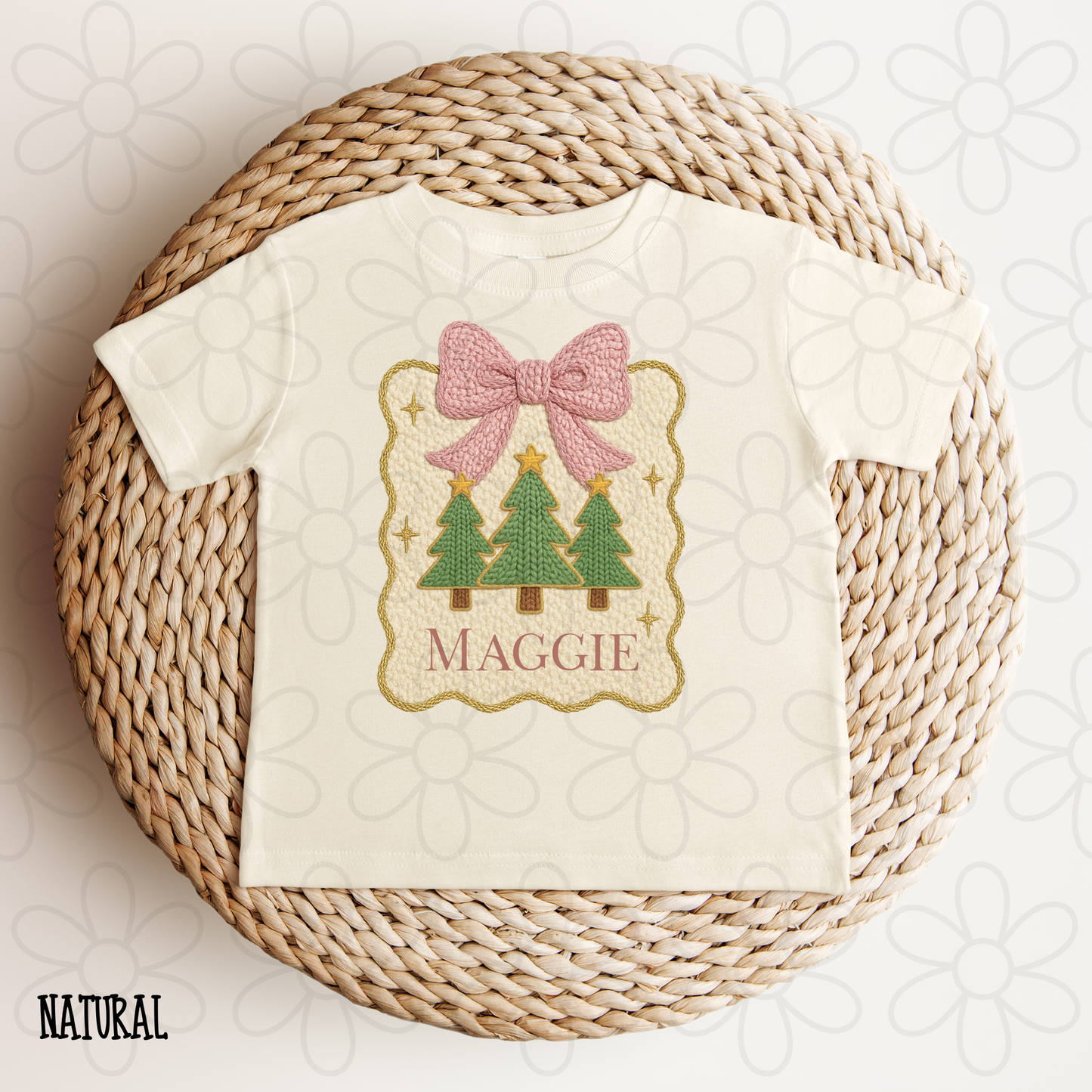 Knit Christmas Trees Pink Bow Custom Name DTF Transfer