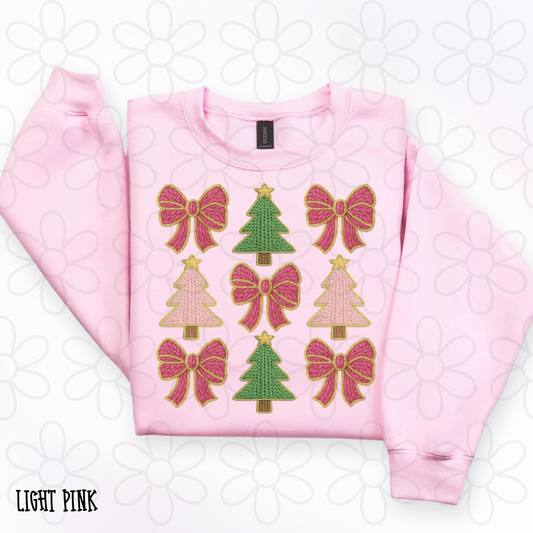 Knit Pink Christmas Trees Coquette Bows Kids Completed Tee