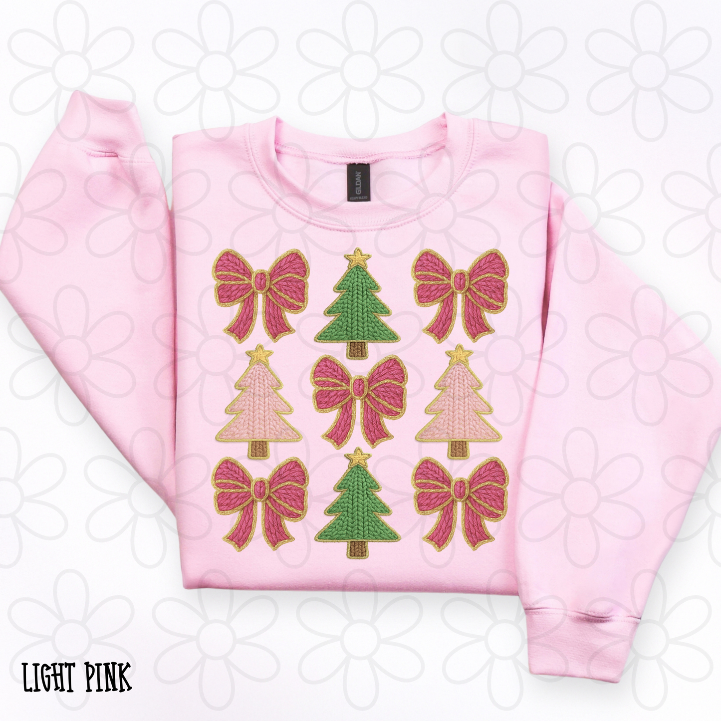 Knit Pink Christmas Trees Coquette Bows Completed Tee