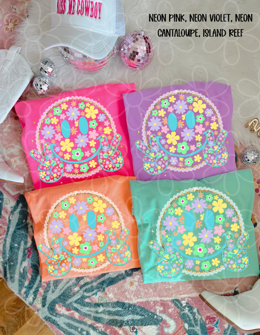 Lace Floral Smiley Peace Sign Kids Completed Tee
