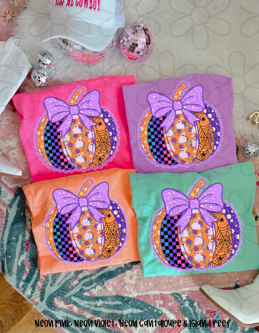 Lace Halloween Pumpkin Purple Bow Completed Tee
