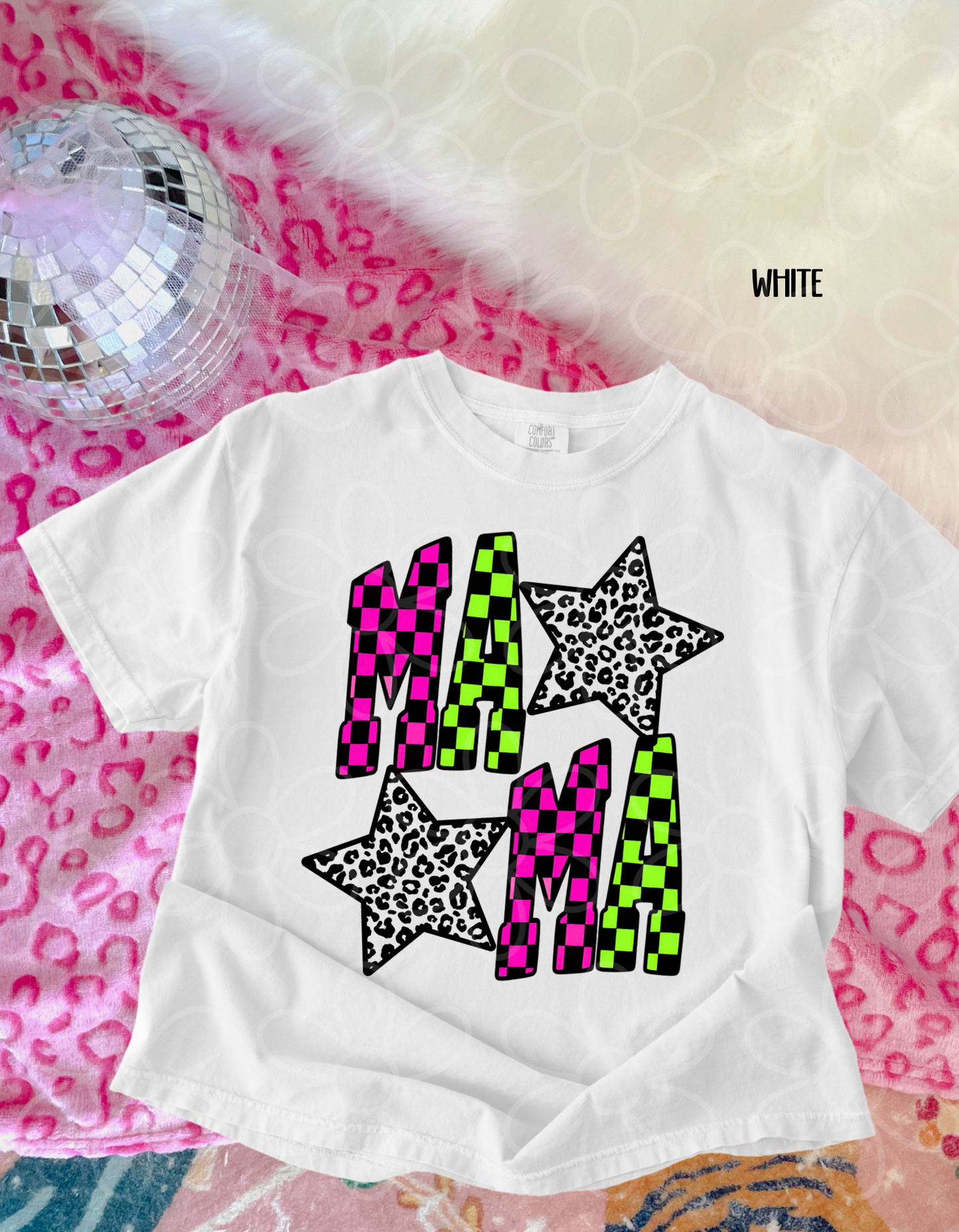 Mama Pink & Green Checkered Leopard Stars Completed Tee