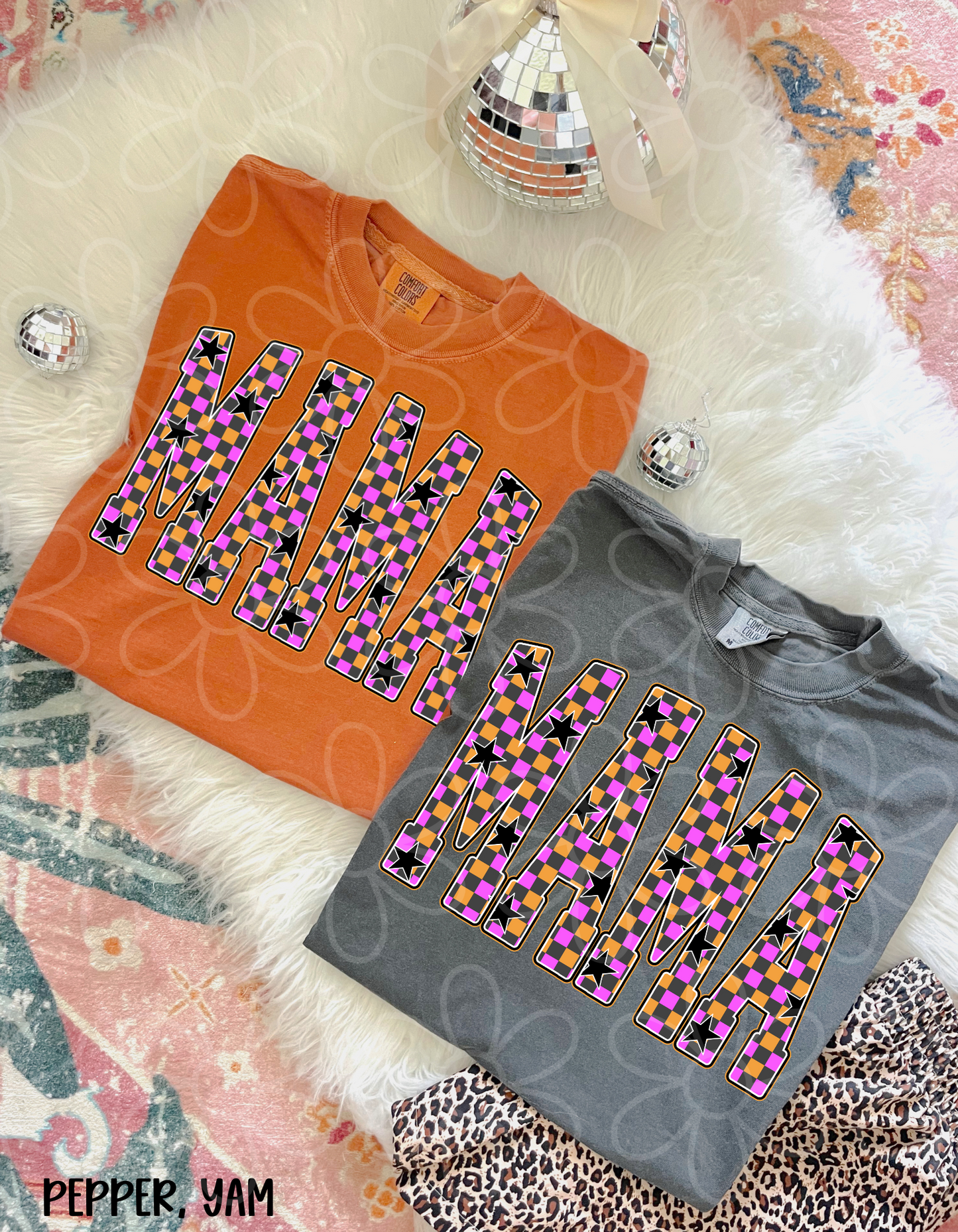 Mama Pink & Orange Checkered Stars Completed Tee