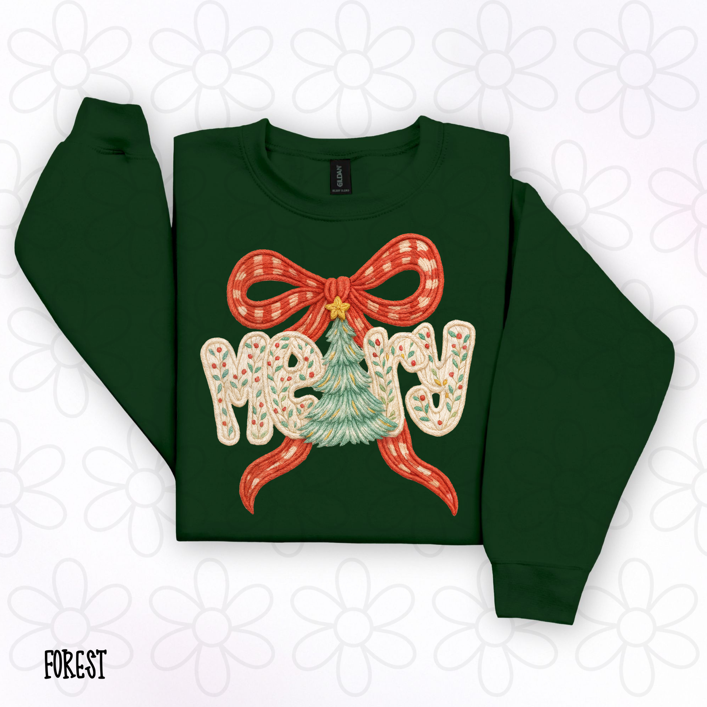 Merry Floral Christmas Tree Red Bow DTF Transfer