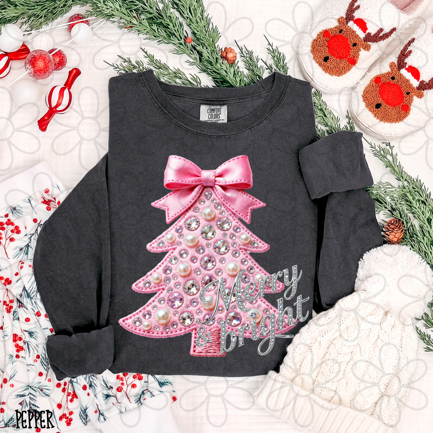 Merry & Bright Pink Sparkly Tree Bow Kids Completed Tee