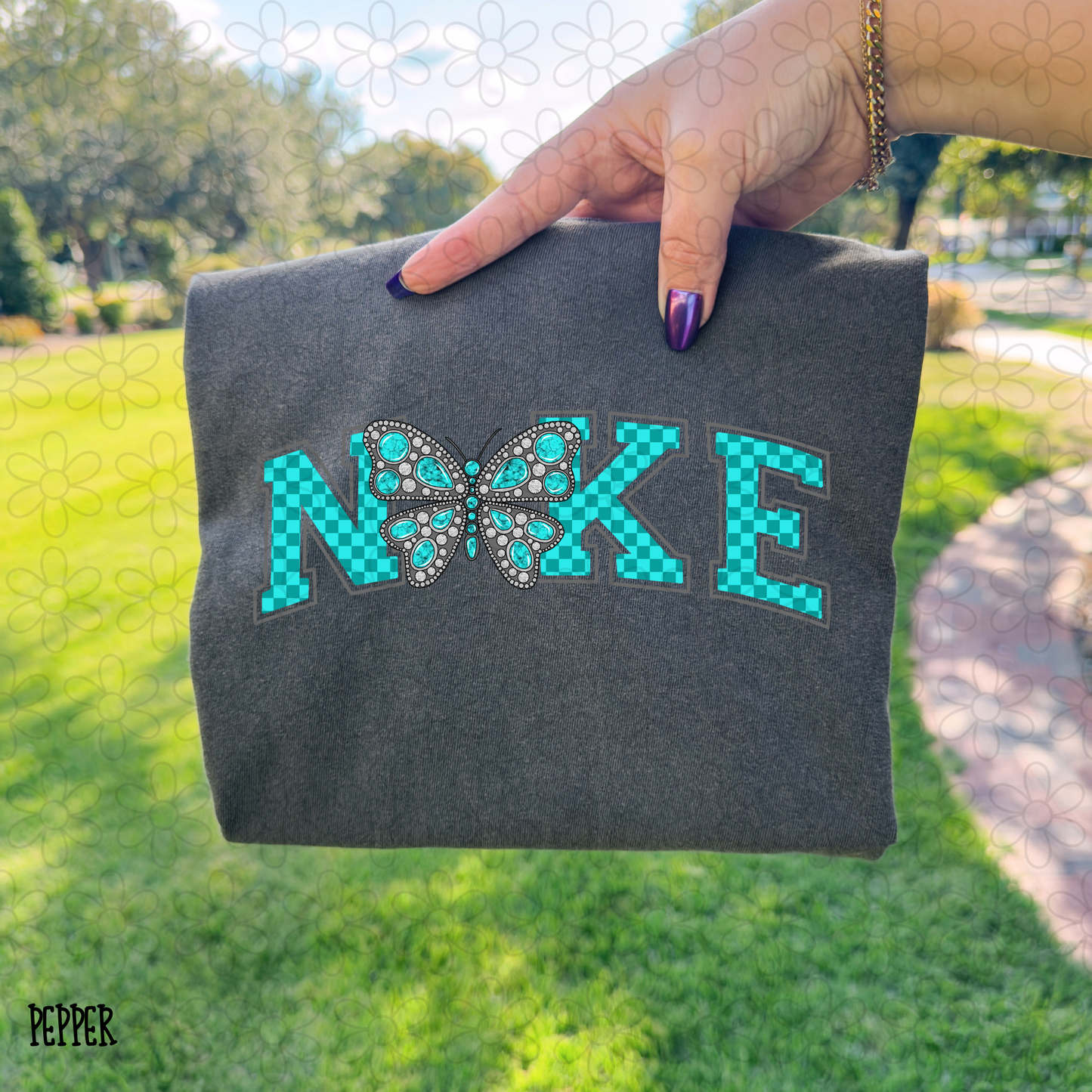 NKE Turquoise butterfly Checkerboard DTF Transfer