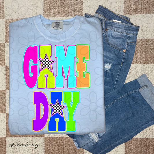 Neon Game Day Checkered Stars Completed Tee