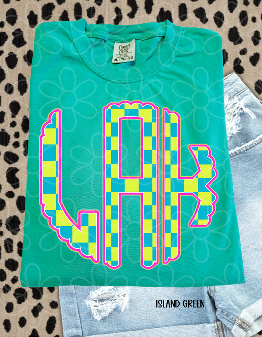 Neon Teal Check Monogram Kids Completed Tee