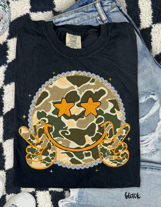 Orange Star Eye Camo Smiley Peace Sign  Kids Completed Tee