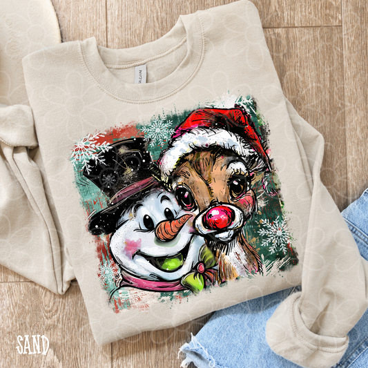 Painted Snowman Reindeer Kids Completed Tee