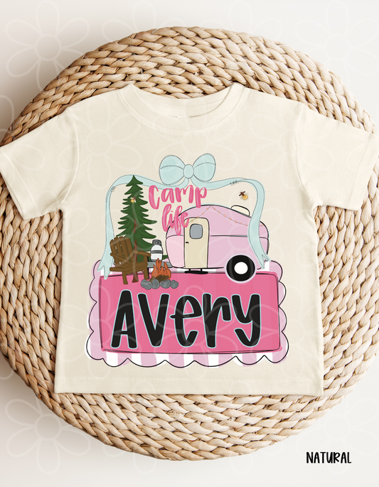 Pink Camp Life Custom Name Kids Completed Tee