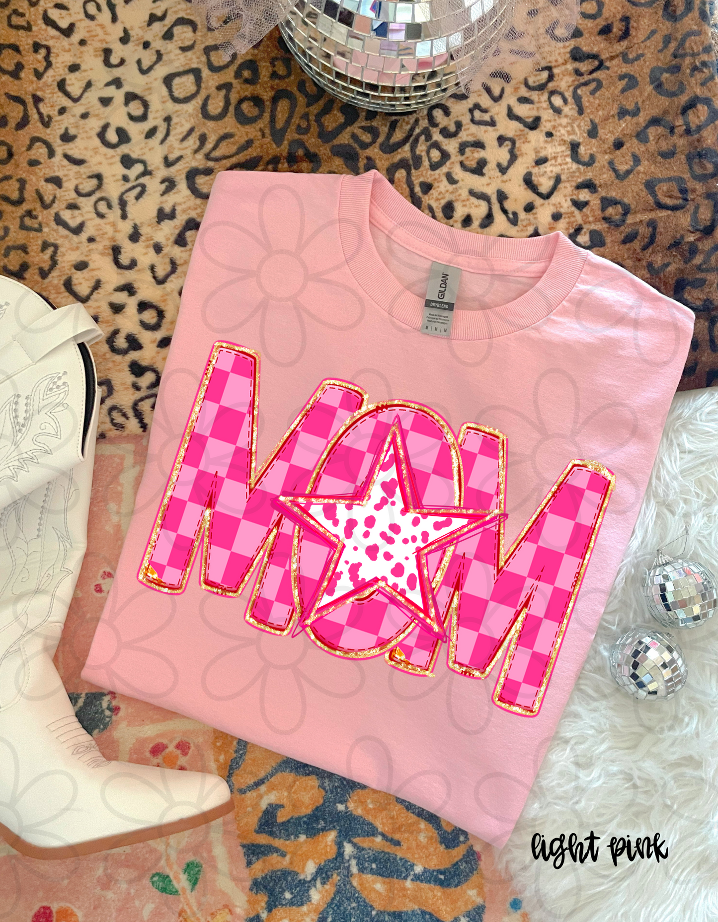 Pink Checkered Star Mom Completed Tee