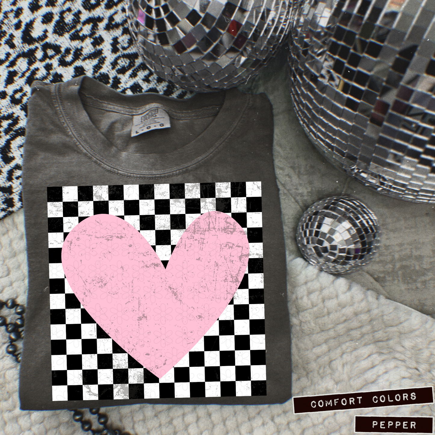 Pink Heart Black White Checkered DTF Transfer