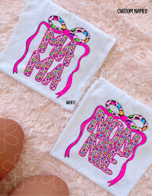 Pink Leopard Bow Stacked Custom Names Kids Completed Tee