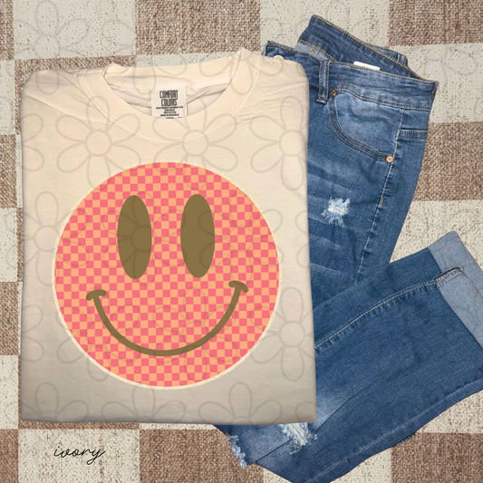 Pink & Orange Checkered Smiley DTF Transfer