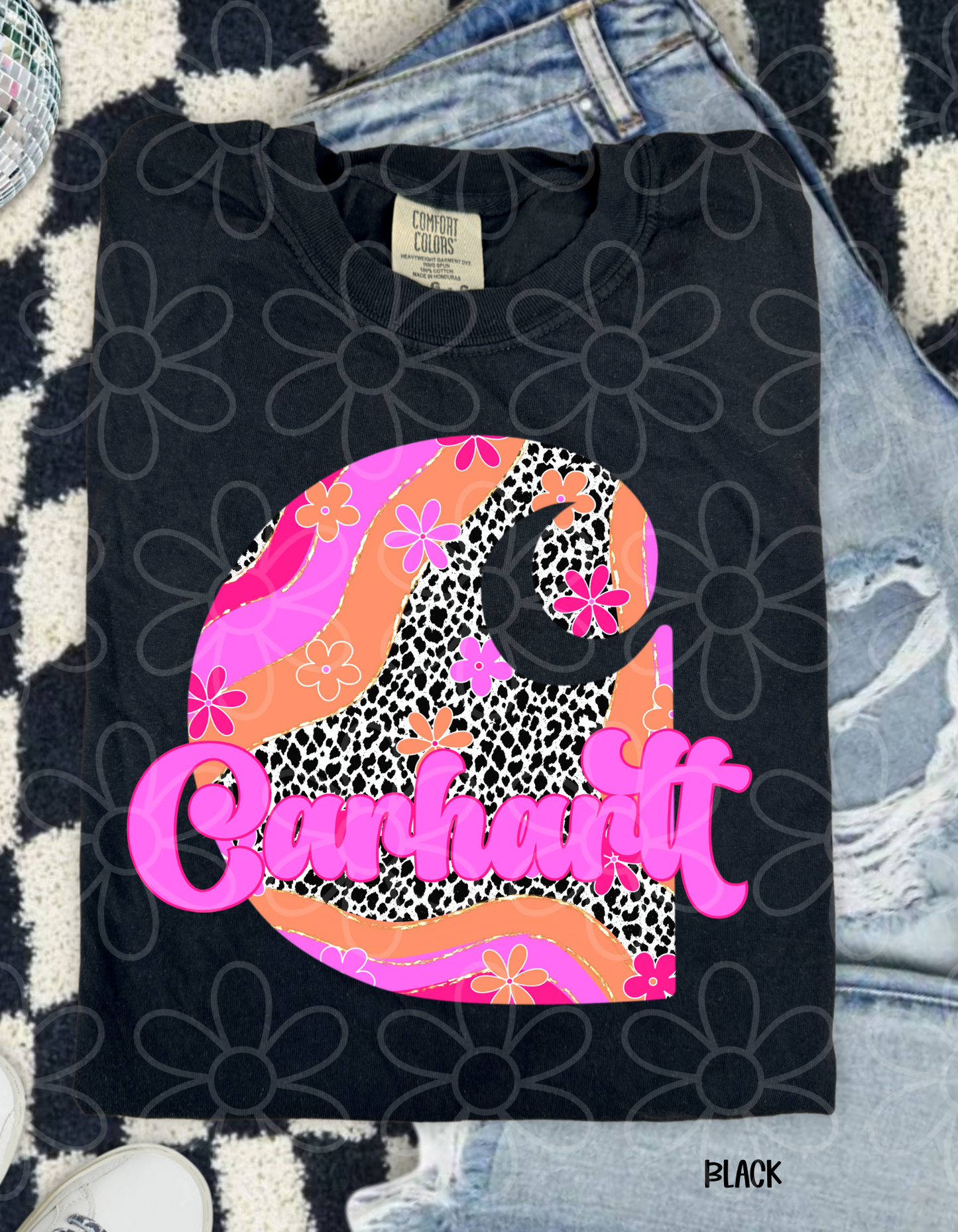 Pink & Orange Flowers Leopard Carhartt DTF Transfer