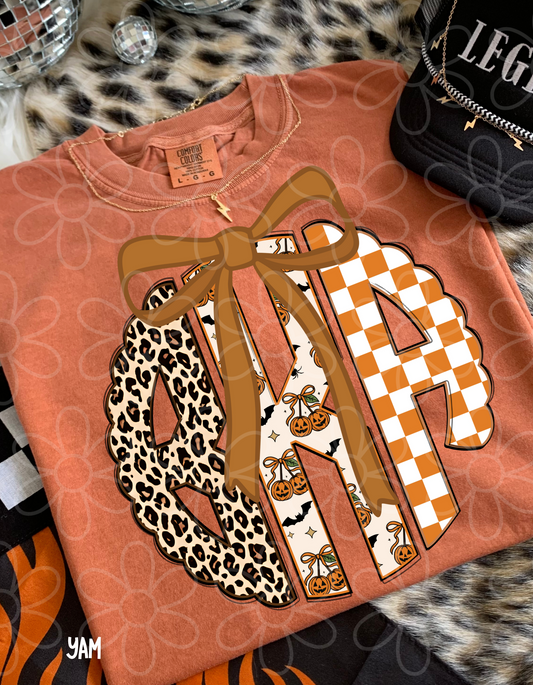 Pumpkin Checkered Leopard Custom Monogram Completed Tee