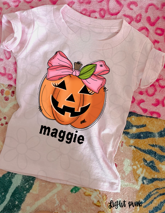 Pumpkin Pink Bow Custom Name Kids Completed Tee