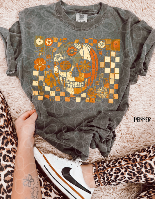 Pumpkin Skull Flower Check Kids Completed Tee