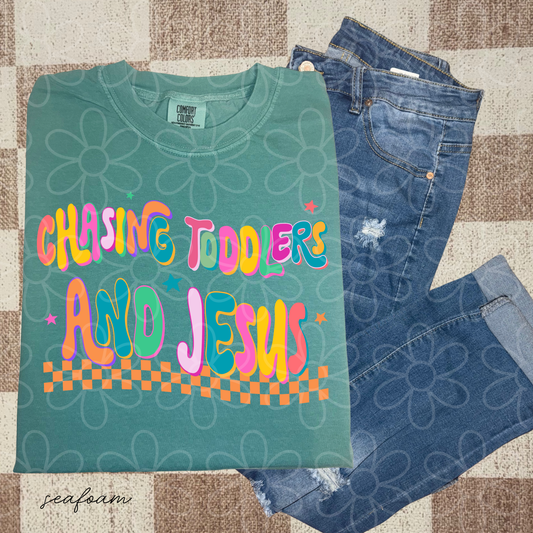 Retro Chasing Toddlers And Jesus Completed Tee