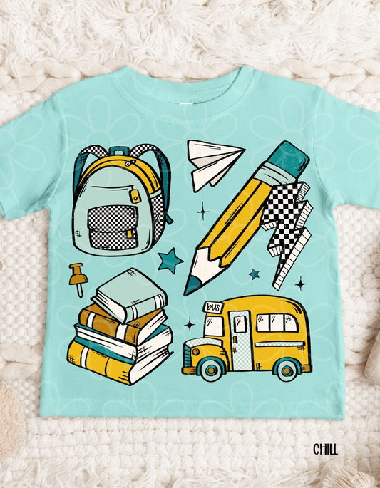 School Bus Supplies Blue Checkered Kids Completed Tee