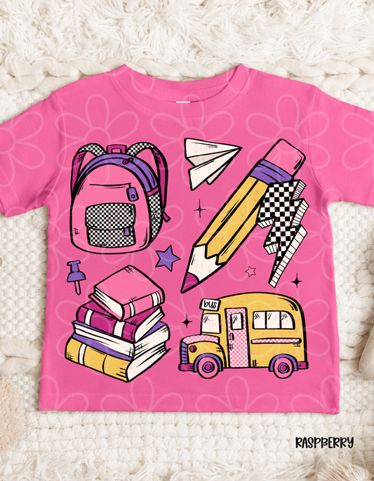 School Bus Supplies Pink Checkered Kids Completed Tee